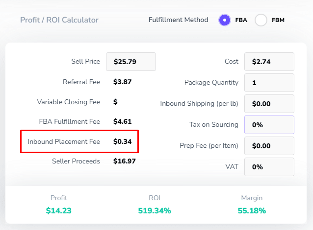 Inbound Placement Fees for Amazon US Market 3 stage.analyzer.tools Inbound Placement Fee in Profit/ROI calculator