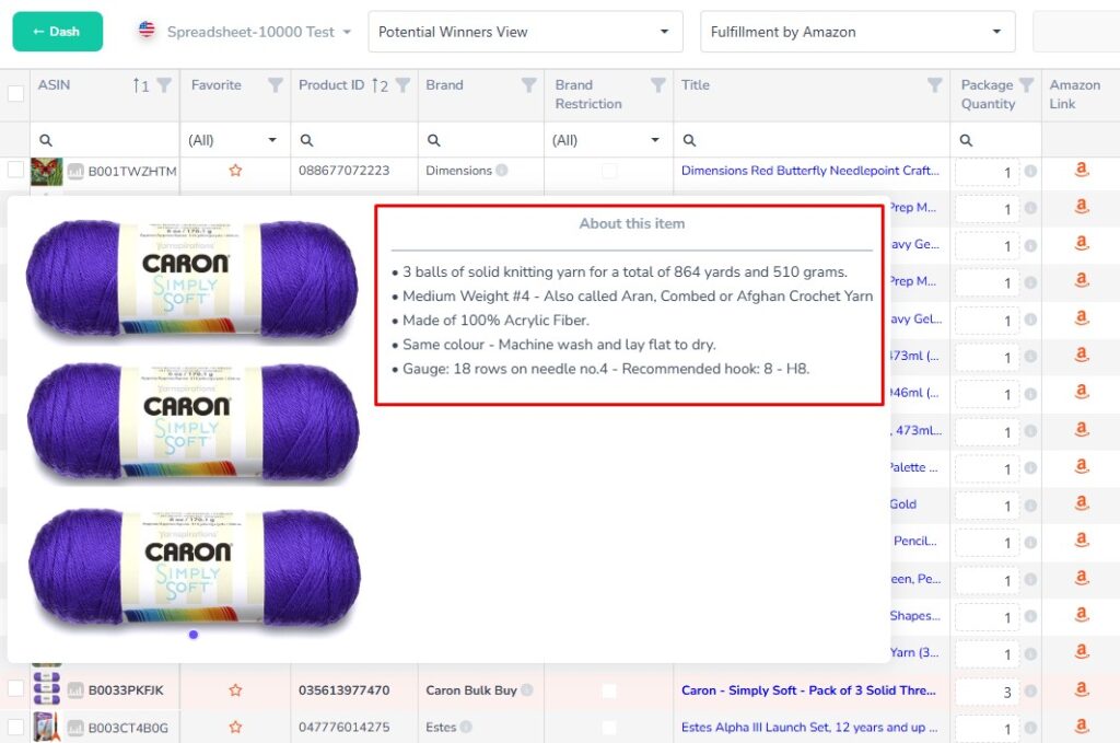 stage.analyzer.tools Product Thumbnail hover showing product information